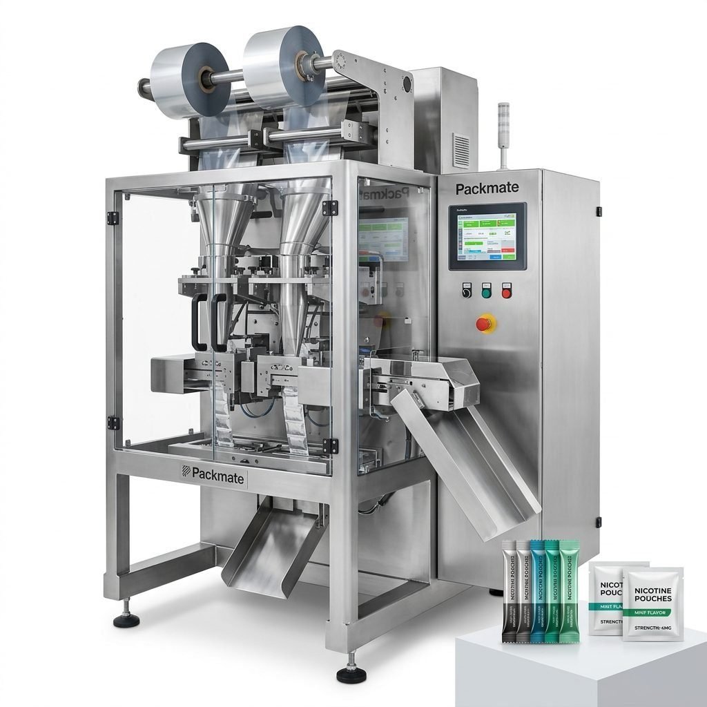Automated high-speed packaging system for nicotine pouch sachets and stick packs.