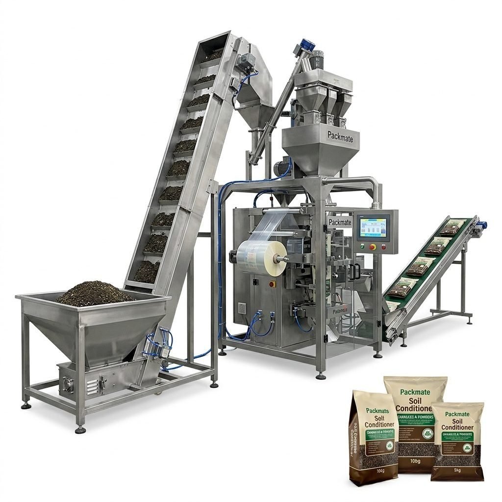 Automated packaging line for granular and powdered soil amendments