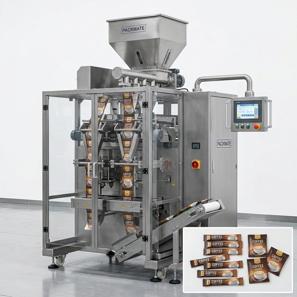 Automated powder packaging system for coffee sachets and stick packs.