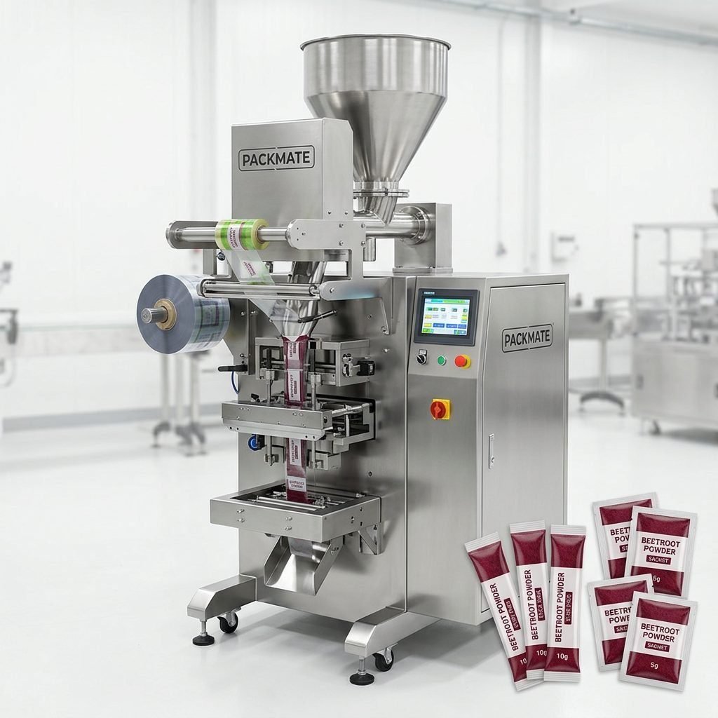 Multi-lane automatic powder packaging system for stick packs and sachets.