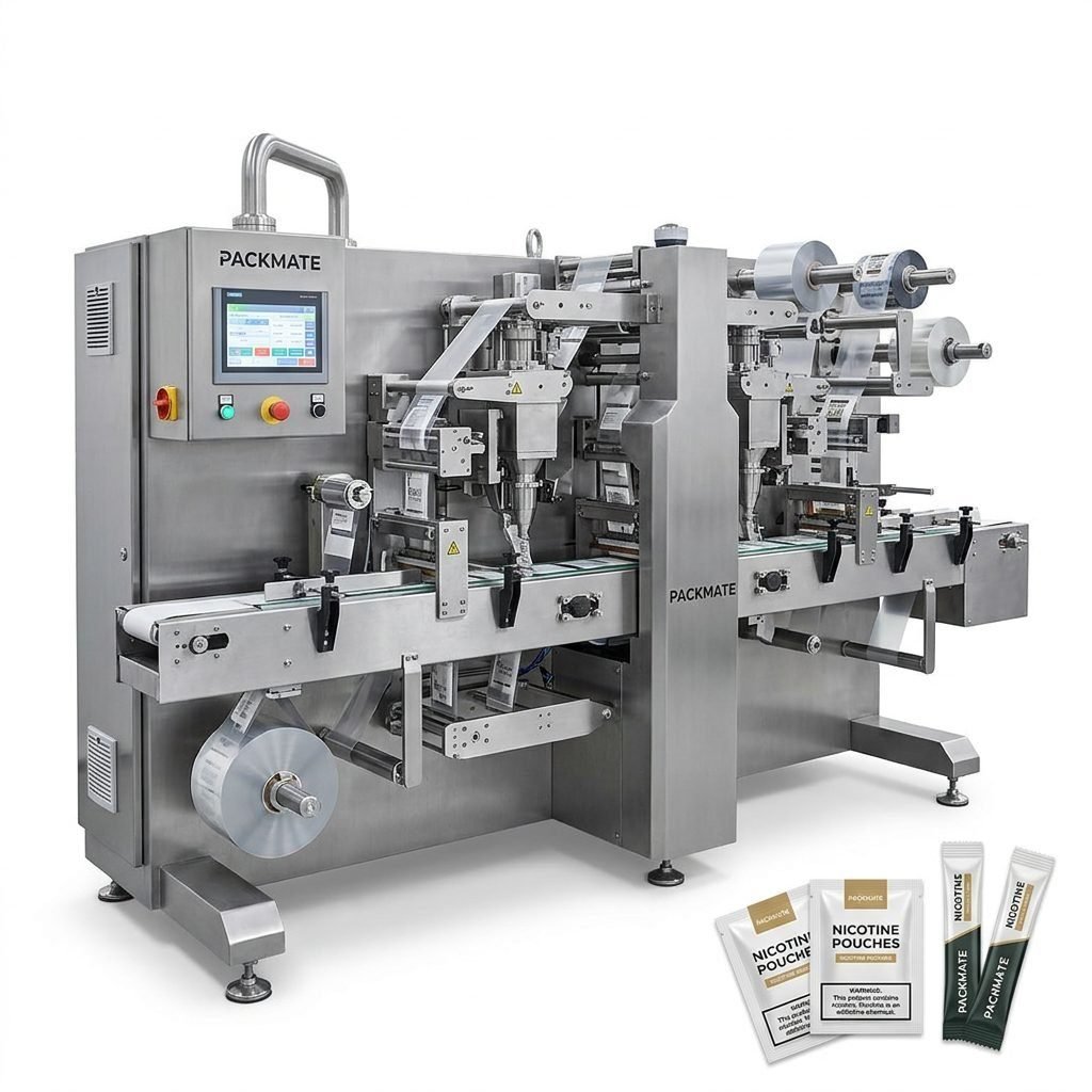Ultra-fast multi-lane packaging system for nicotine pouch sachets and stick packs